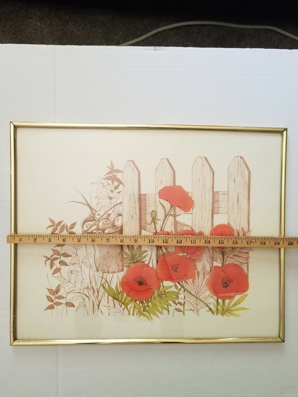 VTG Frank Massa Red Poppies Apples Cottage Core Yard Painting Print Signed gallery