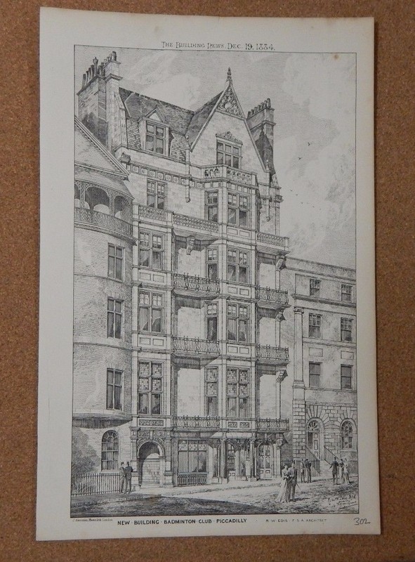 Antique Architects print Badminton Club Piccadilly Building News 1884