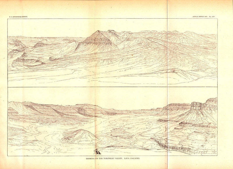 LOOKING UP TOROWEAP VALLEY. LAVA CASCADES Antique geology print 1882