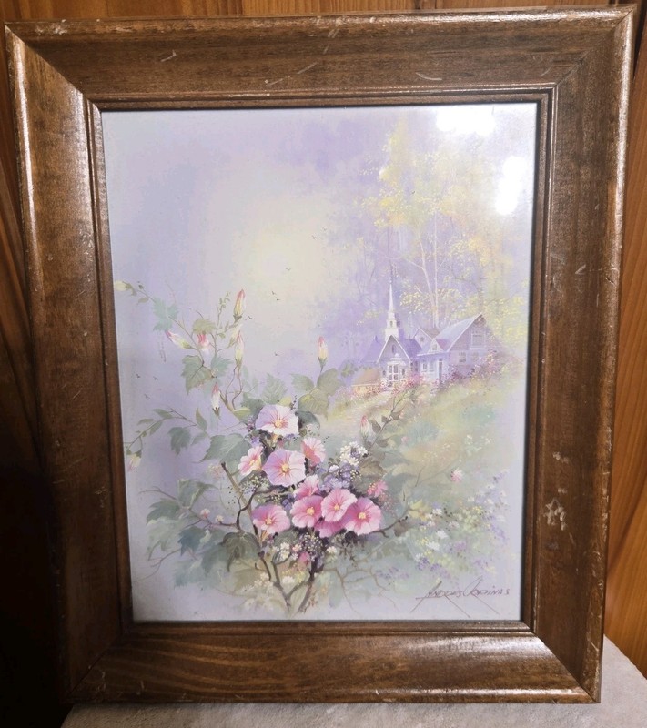 Andres Orpinas Vintage Framed Art Print, Church Floral 1970s 1980s, approx 12×10