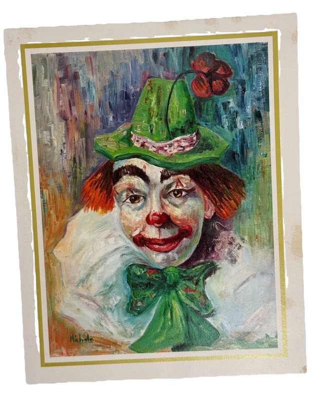 Vintage 1966 Michele Creepy Circus Clown Portrait Art Print Wall Decor MCM