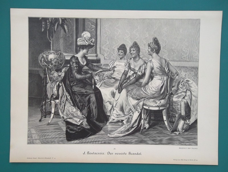 PARISIAN SALON Ladies Listen to Latest Scandal Gossip – 1889 Victorian Era Print
