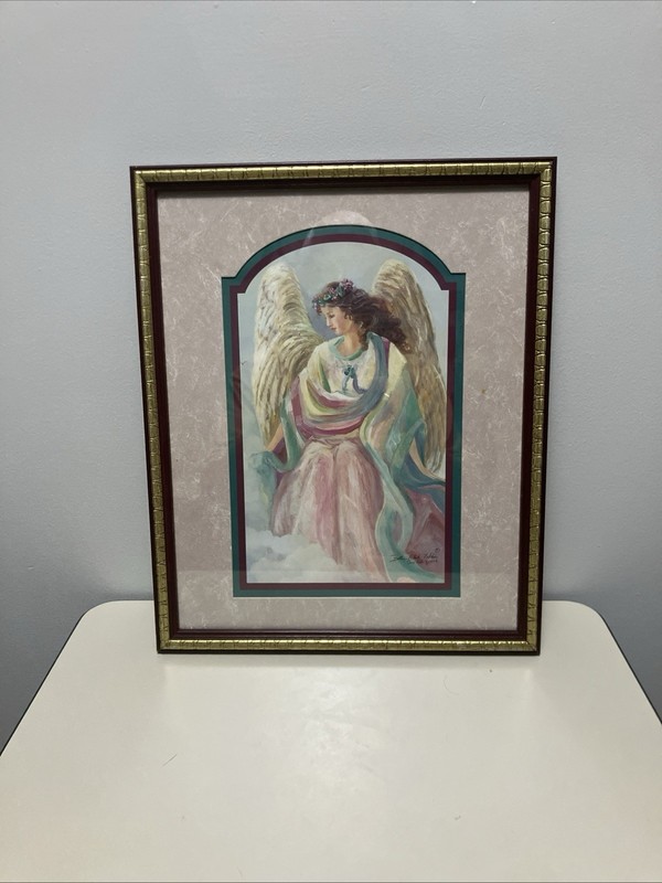 Bettie Hebert Felder Signed Angel Grace Print Framed Glass Art Painting 16x13in