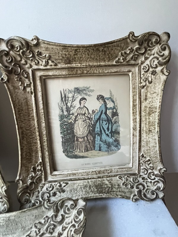 Antique La Mode Illustree Paris Fashion Prints Fabric Dresses Ornate Frame Set 3 gallery