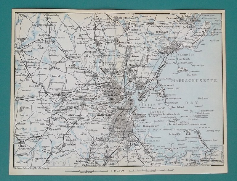 BOSTON & Environs Massachusetts - 1909 MAP Baedeker 6 x 8" (15 x 20 cm)