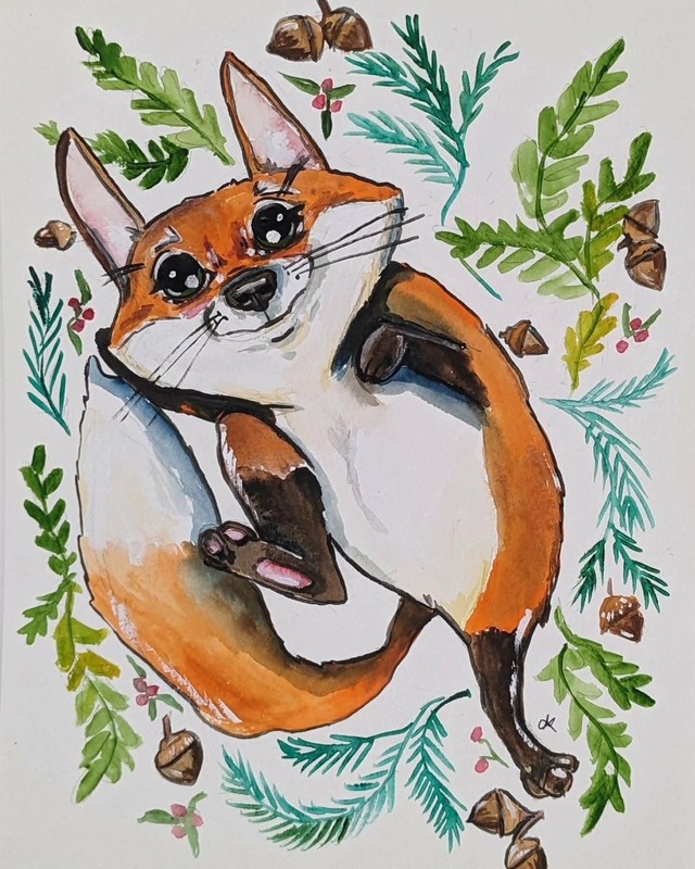 Art Print-Whimsical Fox with forage -Contemporary Animal Art-Signed 8×10