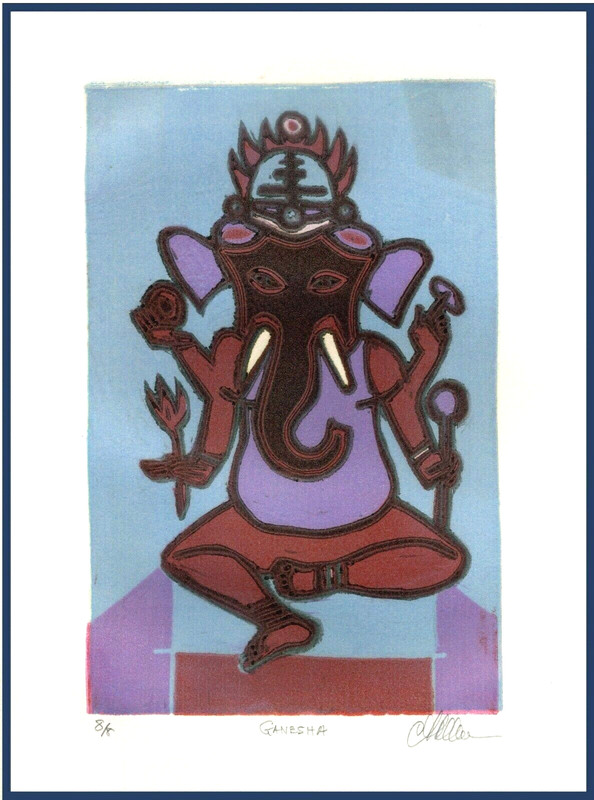 GANESHA Hindu Elephant God; Original Multi-Color LINOCUT Signed LISTED ARTIST
