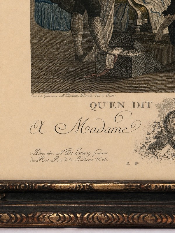 1788 de Launay Antique French Engraving Qu'en dit l'Abbé? Louis XVI Carved Frame gallery