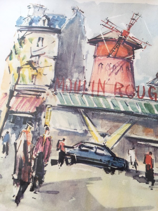French Paris Moulin Rouge Watercolor Lithograph Print Signed M. Girard 13x10” gallery