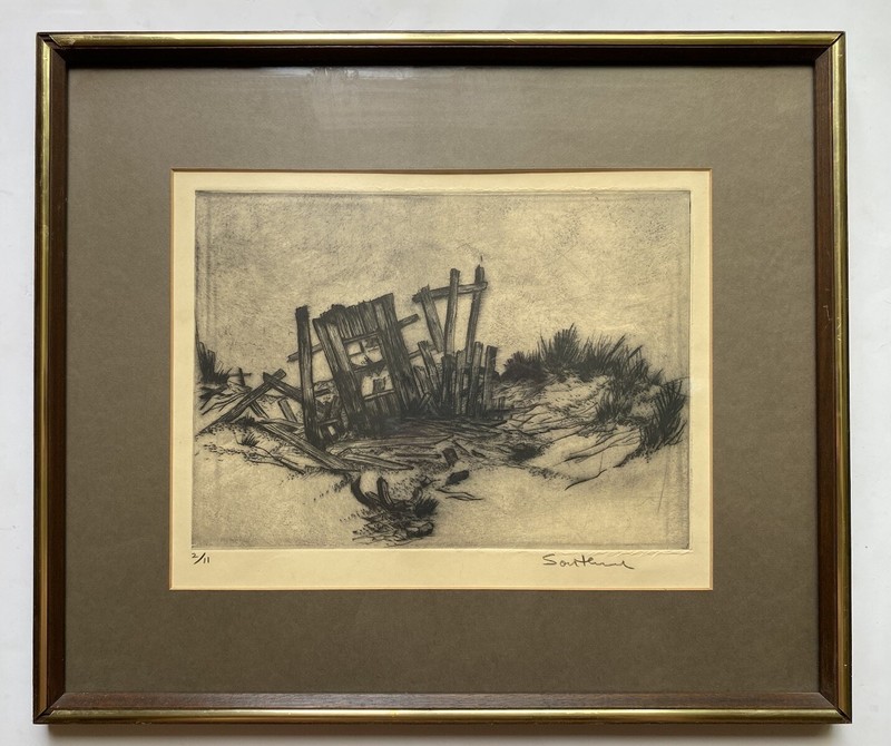 Vintage Modernist Nautical Coastal Seaside Shack Beach Etching Signed Southard
