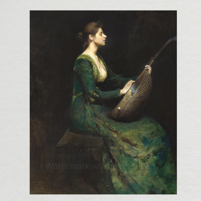 1800s Lady with at Lute Painting Reproduction Giclee Fine Art Paper Print