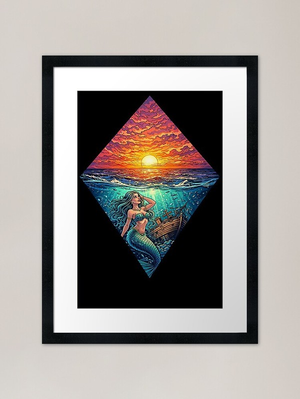 Beautiful Mermaid Sunset Art Framed Framed Wall Art Poster Canvas Print Picture