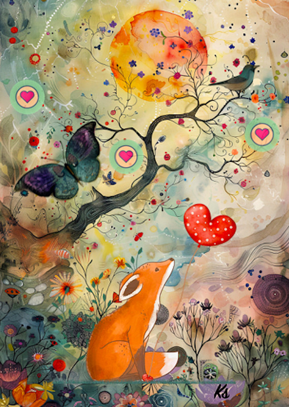 Whimsical collage fox hearts butterflies floral 2.5×3.5 ACEO landscape artwork