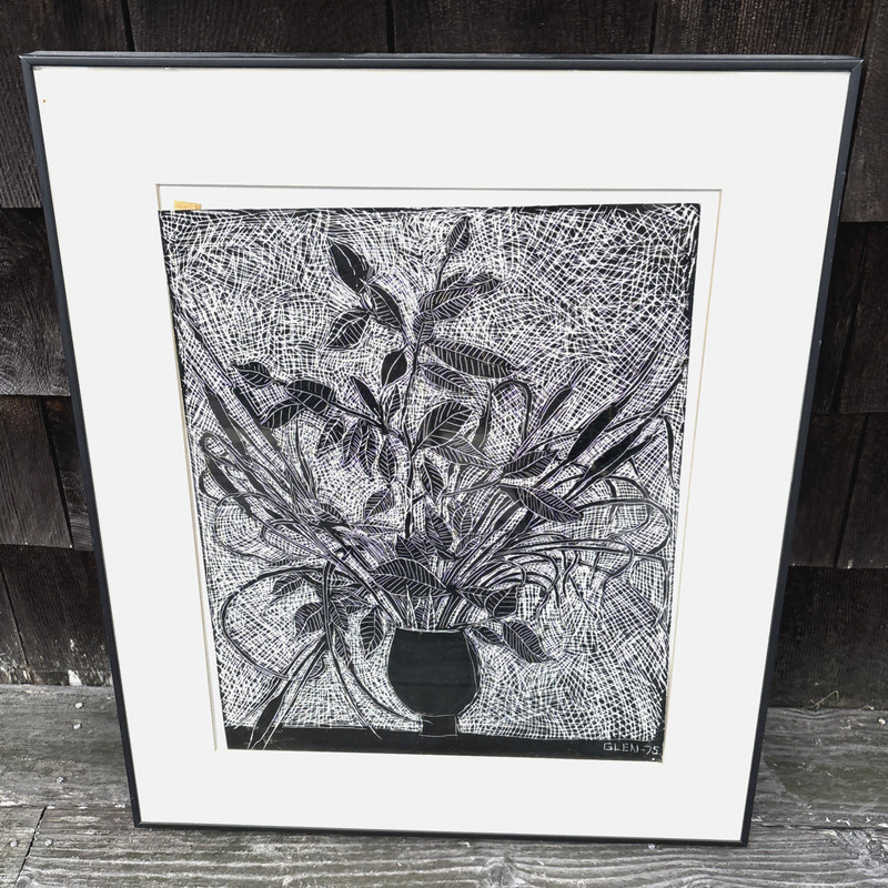 Vtg Scratchboard Botanical Art GLEN ’75 Black & White Modernist Graphic 16×19