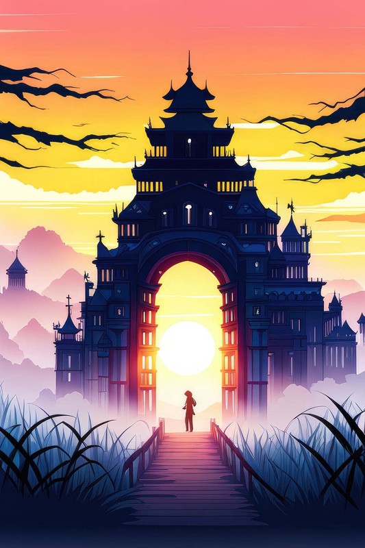 Chinese Castle with Bridge Digital Illustration Art Print – 12 x 18 inches