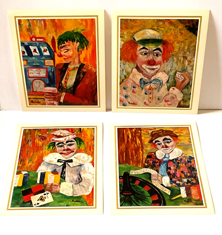 Michele Circus Clowns Lot Of 4 Lithographs Vintage 1966 Art Prints Casino Themed