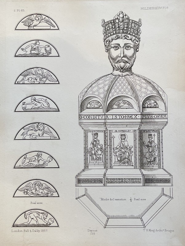 1857 Antique Print Study Book Medieval Architecture Building Figures