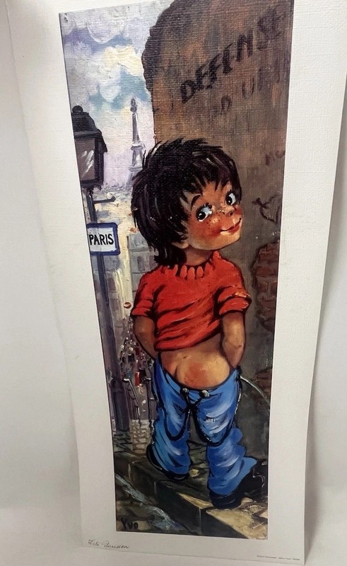Vtg 60s Big Eye Boy Mischievous In Paris Litho Print MCM By YVO