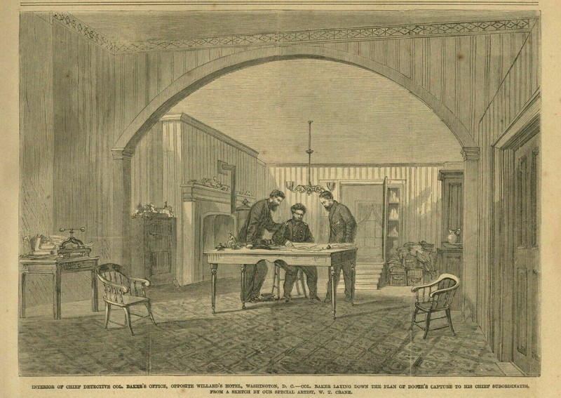 DETECTIVES LAYING DOWN THE PLAN TO CAPTURE LINCOLN ASSASSIN JOHN WILKES BOOTH