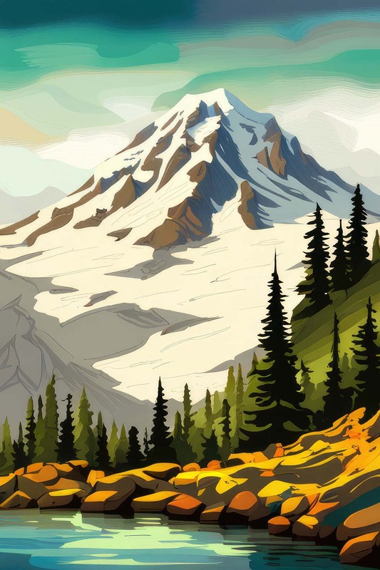 Mount Rainier Scenic Landscape Digital Painting I Art Print – 12 x 18 inches