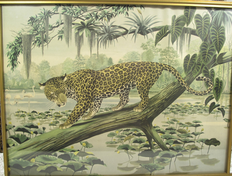 VTG R. Stern 1940s/50s MCM Framed 39 x 21 Wall Litho-Print Leopard Flamingo READ