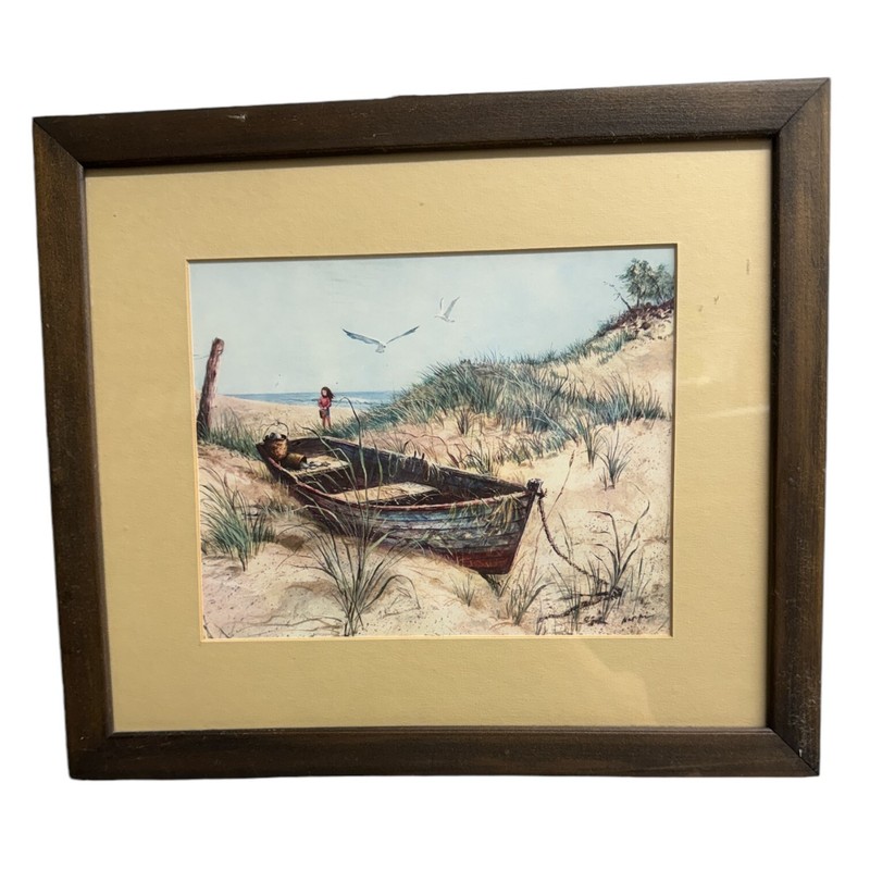 Wall Art Print Beach Boat , Home Decor, Original Artwork, Matted Framed Signed
