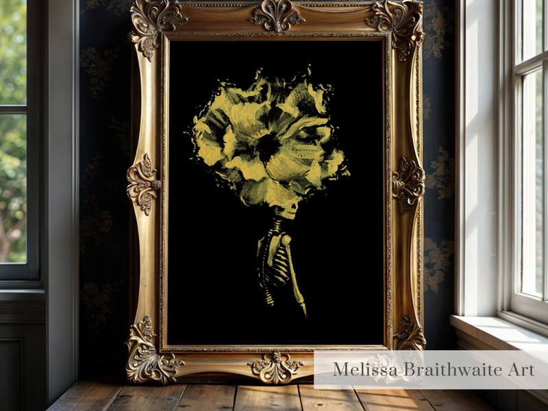 Floral Skeleton Halloween Wall Art Print Whimsical Gold Decor, 11×14 Braithwaite