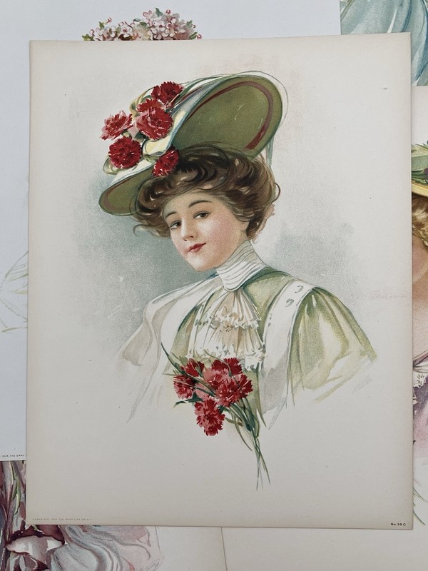 6 Antique Art Nouveau Lady Portrait Lithographs c.1905 Edwardian Fashion gallery
