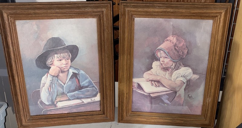 2 Vintage Framed Print Country School Boy Girl Sandra Kuck 1980’s, Amish Student