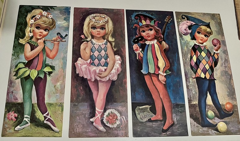 VTG 60s Goji Harlequin Big Eyes Art Prints Set 4 Kitsch Wall Art 15×6 Unframed