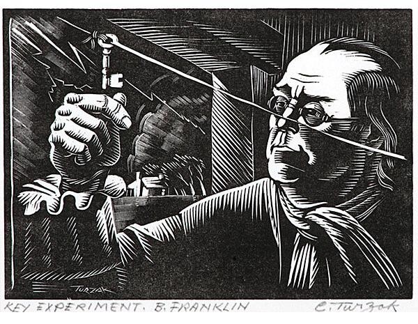 Key Experiment Benjamin Franklin [woodcut] : Charles Turzak : Art Print