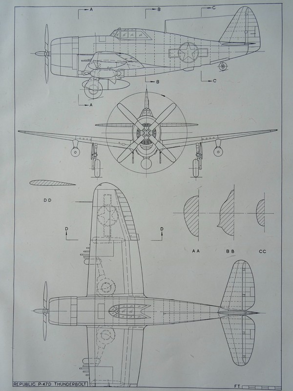 WW2 USA AMERICA Aircraft REPUBLIC P-47D THUNDERBOLT Scale Design Plan c1944