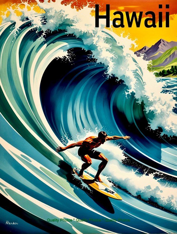 Surfing Wave Hawaii Travel Poster 8.5×11″ Photo Print Style O’Keeffe/ Harker Art