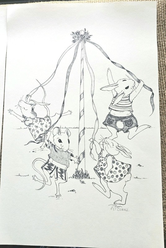Katherine Evans Whimsical Signed Print Mice & Rabbits Maypole 11″x17″