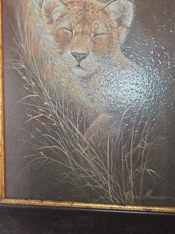 Signed Ruane Manning Proud Lioness Cub Framed Africa Wildlife Painting Art 13x25 gallery