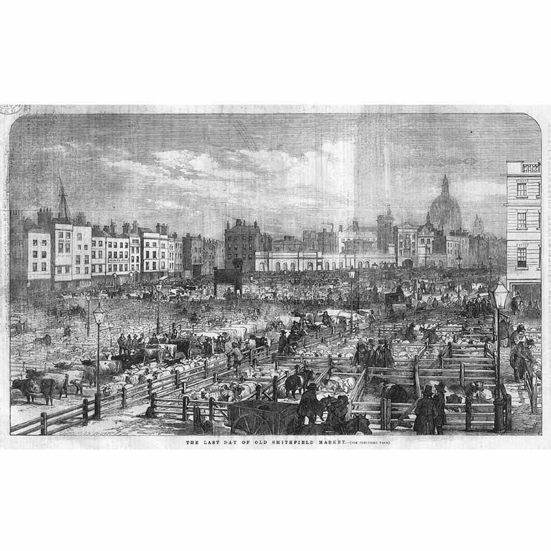 LONDON The Last Day of the Old Smithfield Market – Antique Print 1855