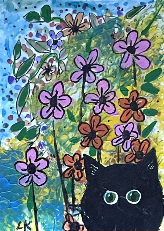 ACEO art PRINT flowers black Cat garden by Lynne Kohler 2.5×3.5″