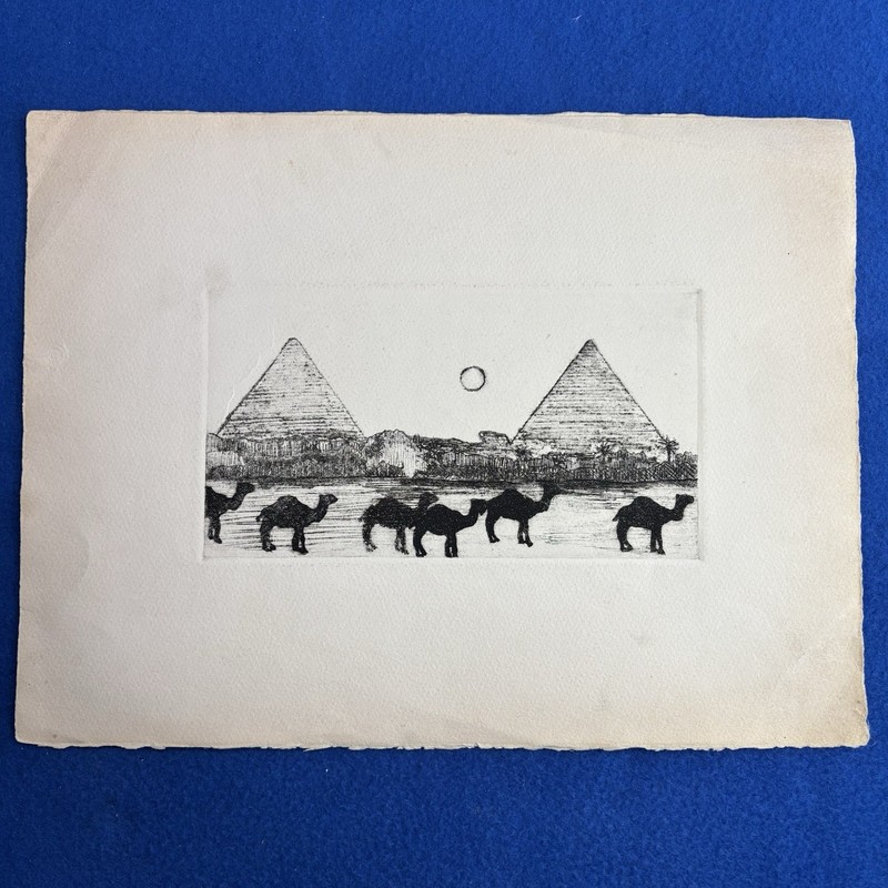 Vtg Art Paper Etching/Print? Textured ~ Camel Herd Pyramids in Background Desert