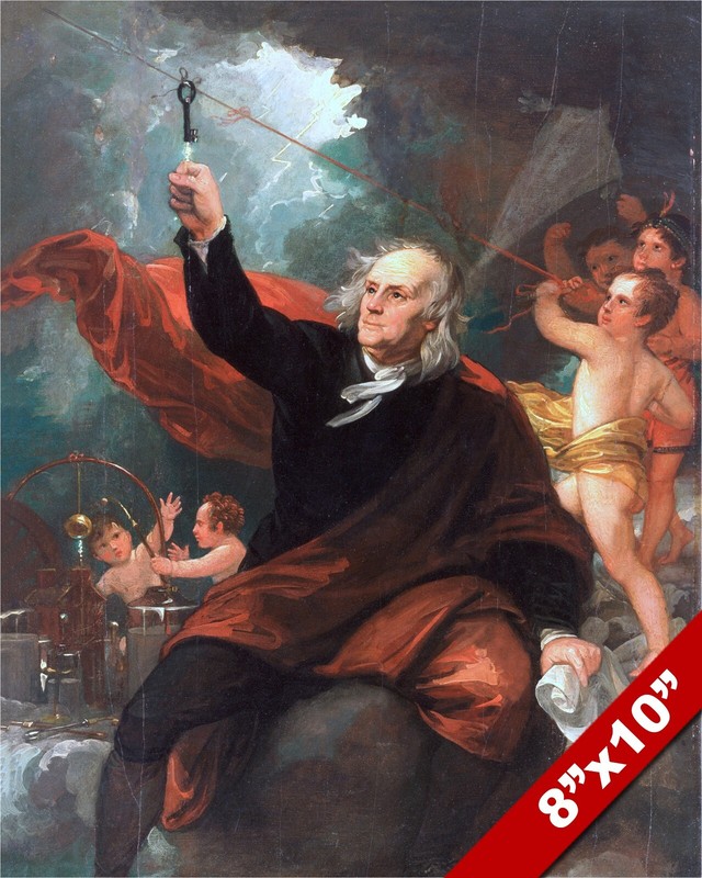 BENJAMIN FRANKLIN GENIUS KEY DRAWING ELECTRICITY PAINTING ART REAL CANVAS PRINT