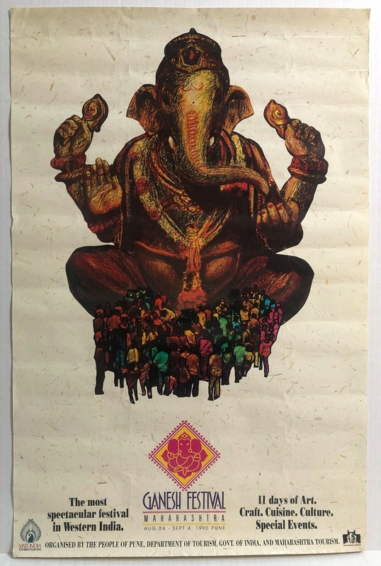 29 x 18 Original 1990 GANESH FESTIVAL Maharashtra West India Tourism VTG Poster