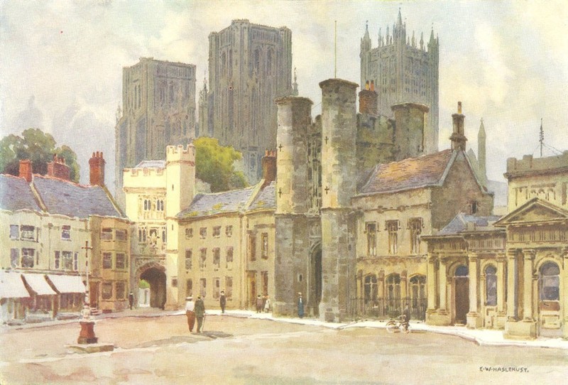 The Market Place, Wells. Somerset. By Ernest Haslehust 1920 old antique print