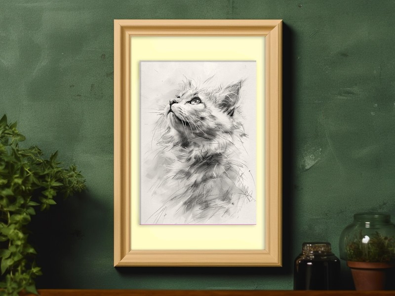 Curious Cat Drawing 12"x8" Print on Matte Paper | Ink and Pencil Artwork gallery