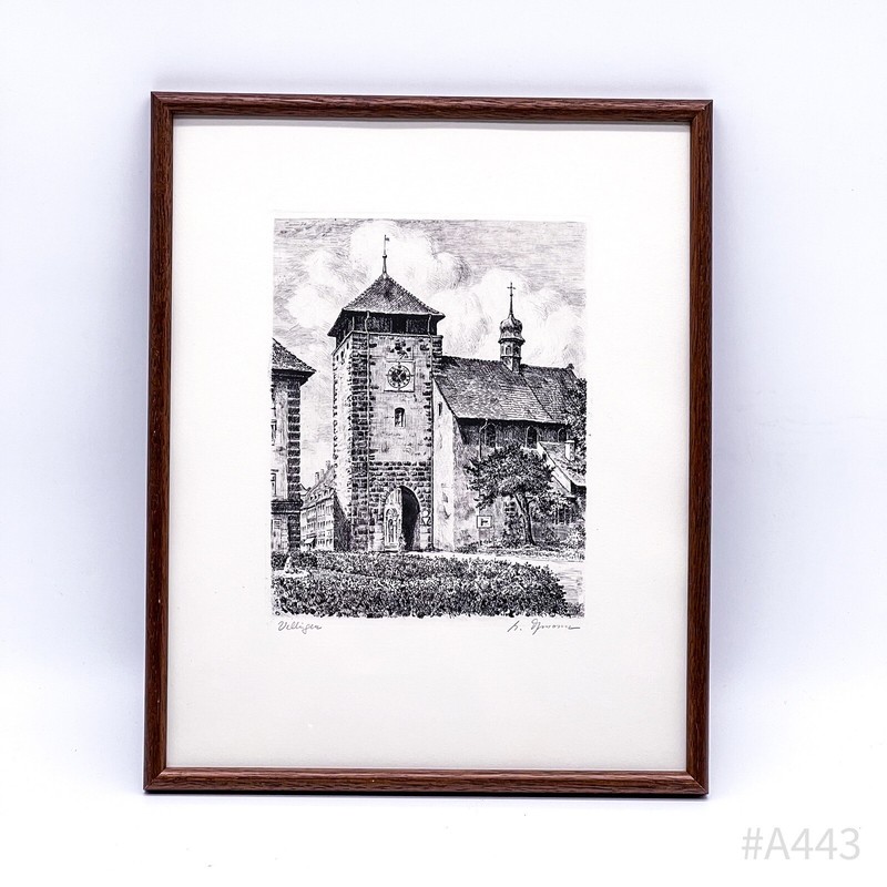 Etching Villingen-Schwenningen, signed with picture frame (32 x 25.5 cm)