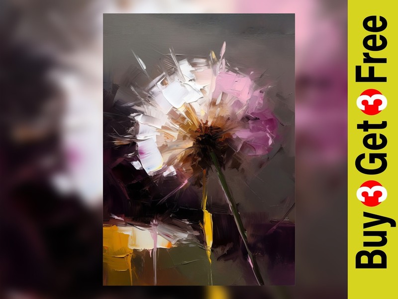 Abstract Elegance – Solo Dandelion Flower Impasto Oil Painting Print, 5 «x 7»
