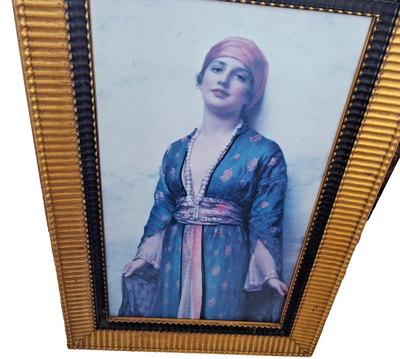 VTG "Yasmeen" Arabian Nights Crackle Glaze Wood Frame HEAVY 35"x23"