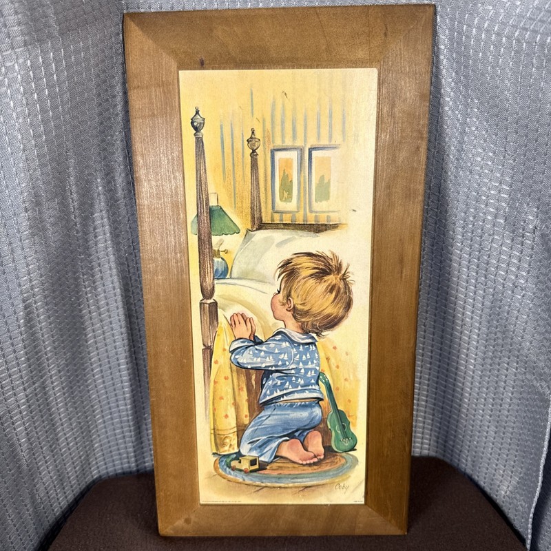 Coby Boy & Girl Litho Prints Vtg 70s Solid Wood “Bedtime Prayers” Set Of 2 gallery