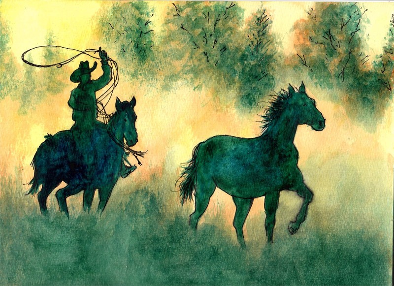Cowboy Roping A Horse,  Cowboy Art Print, Western Art Print, Cowboy Print