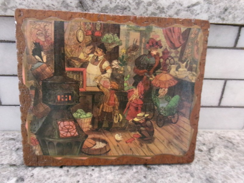 Vintage Victorian Print Added to Wood, Shopping Scene, 6″ x 8″
