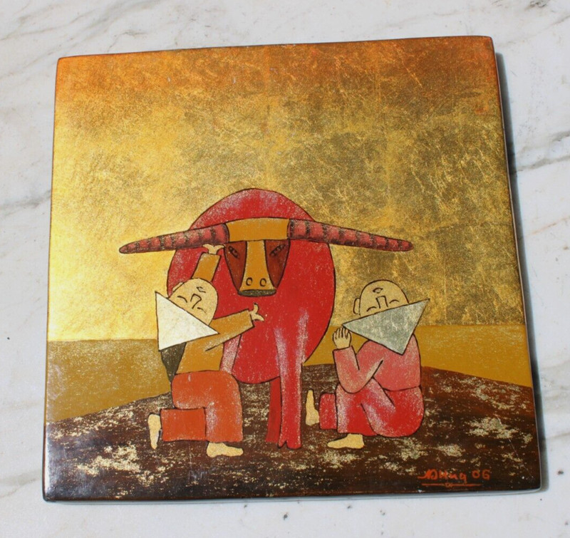 Vietnam Farmer Man With Oxen Painted Wood Picture Art Gold Leaf #2