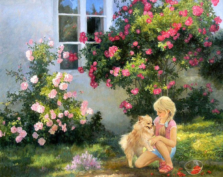 Girl and dog playmate Oil Painting HD Giclee Art Printed on canvas L2234